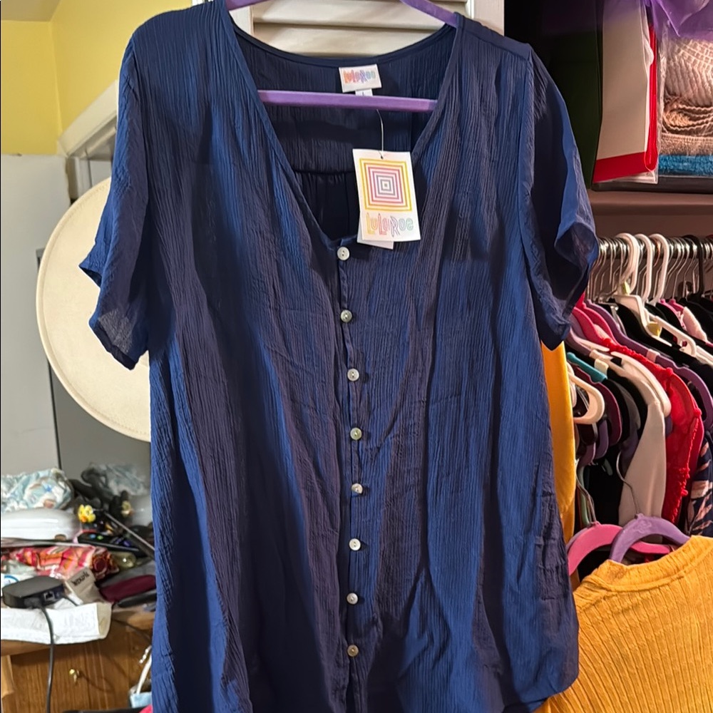 LuLaRoe Blue Mandarin Collar Button Down Shirt